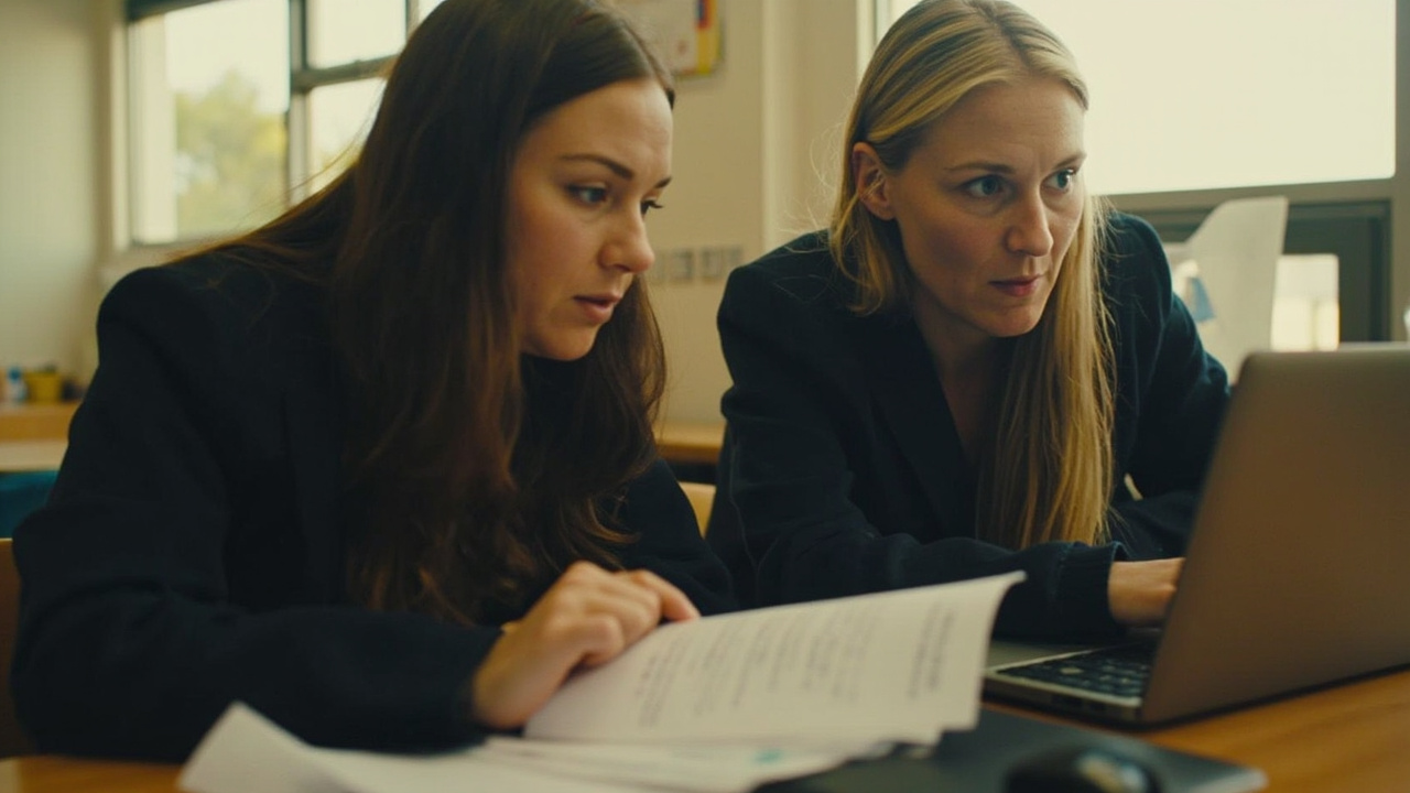 An educator reviewing digital safety policies with a colleague — cyber safety basics for New Zealand educators.