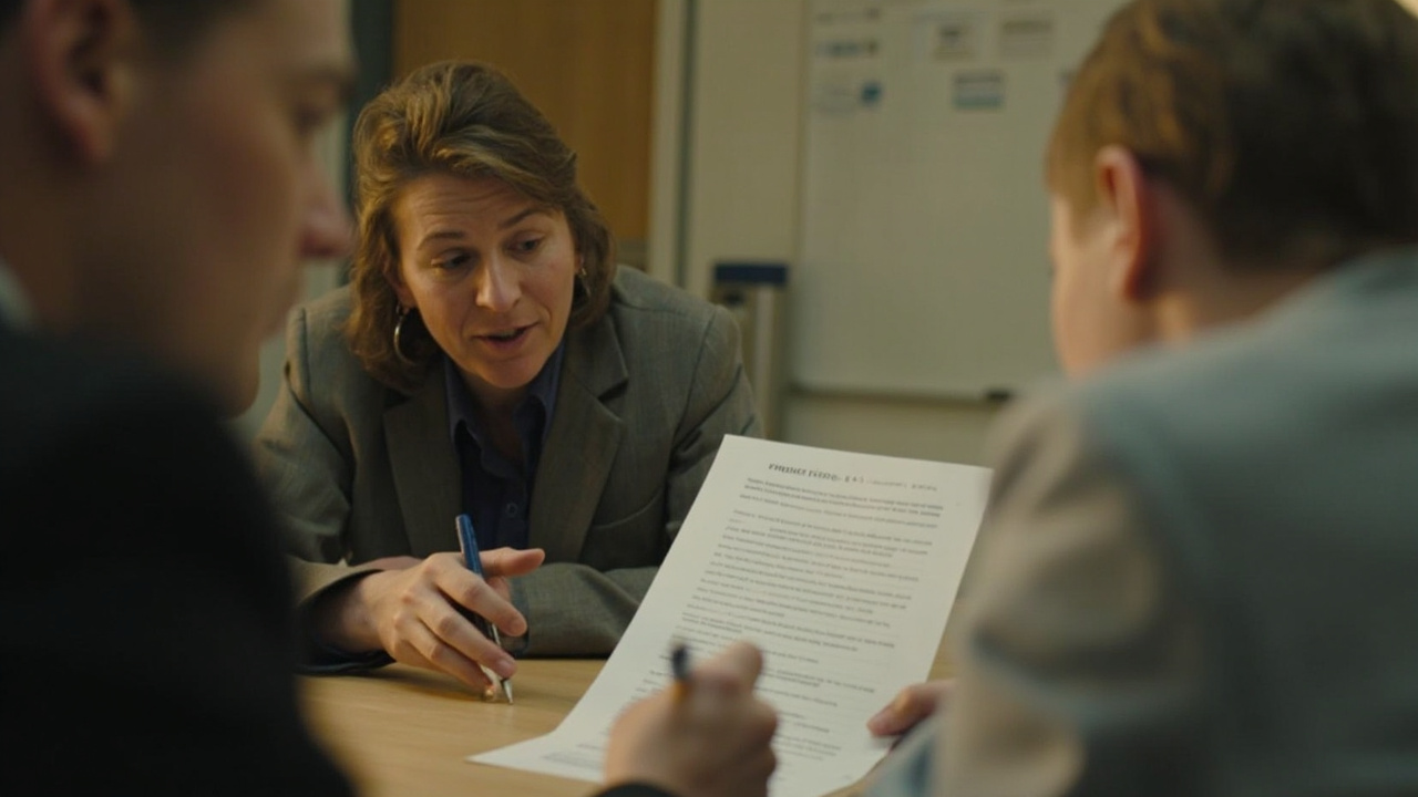 A school principal and IT lead reviewing a printed privacy contract — AI privacy questions for NZ schools.