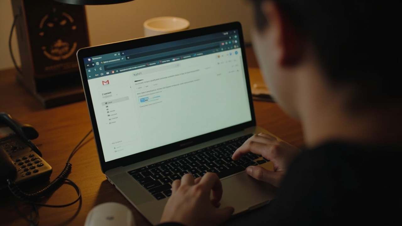 A person examining a suspicious Gmail password reset email on a laptop — spotting fake Google password reset emails.