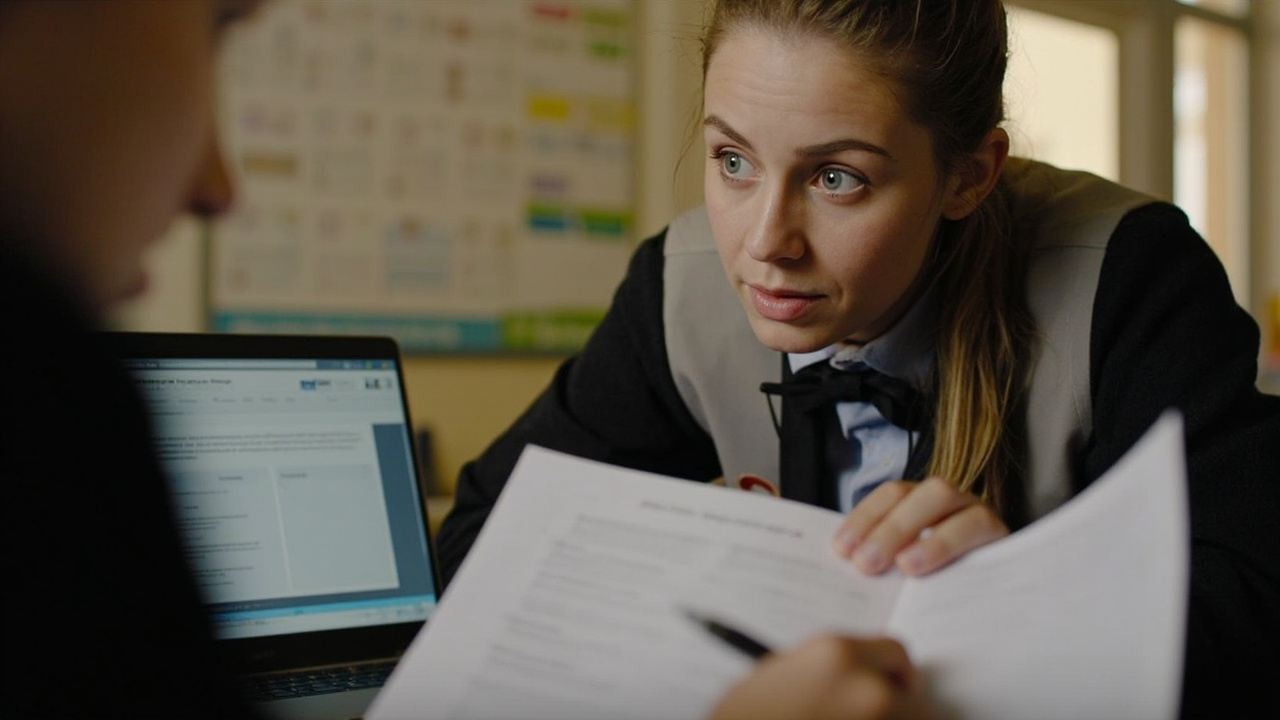 A school staff member annotating a printed cyber threat report — NZ cyber threat report for schools.