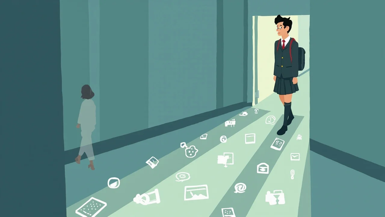 A student with a visible digital footprint trail of glowing icons representing their online activity.