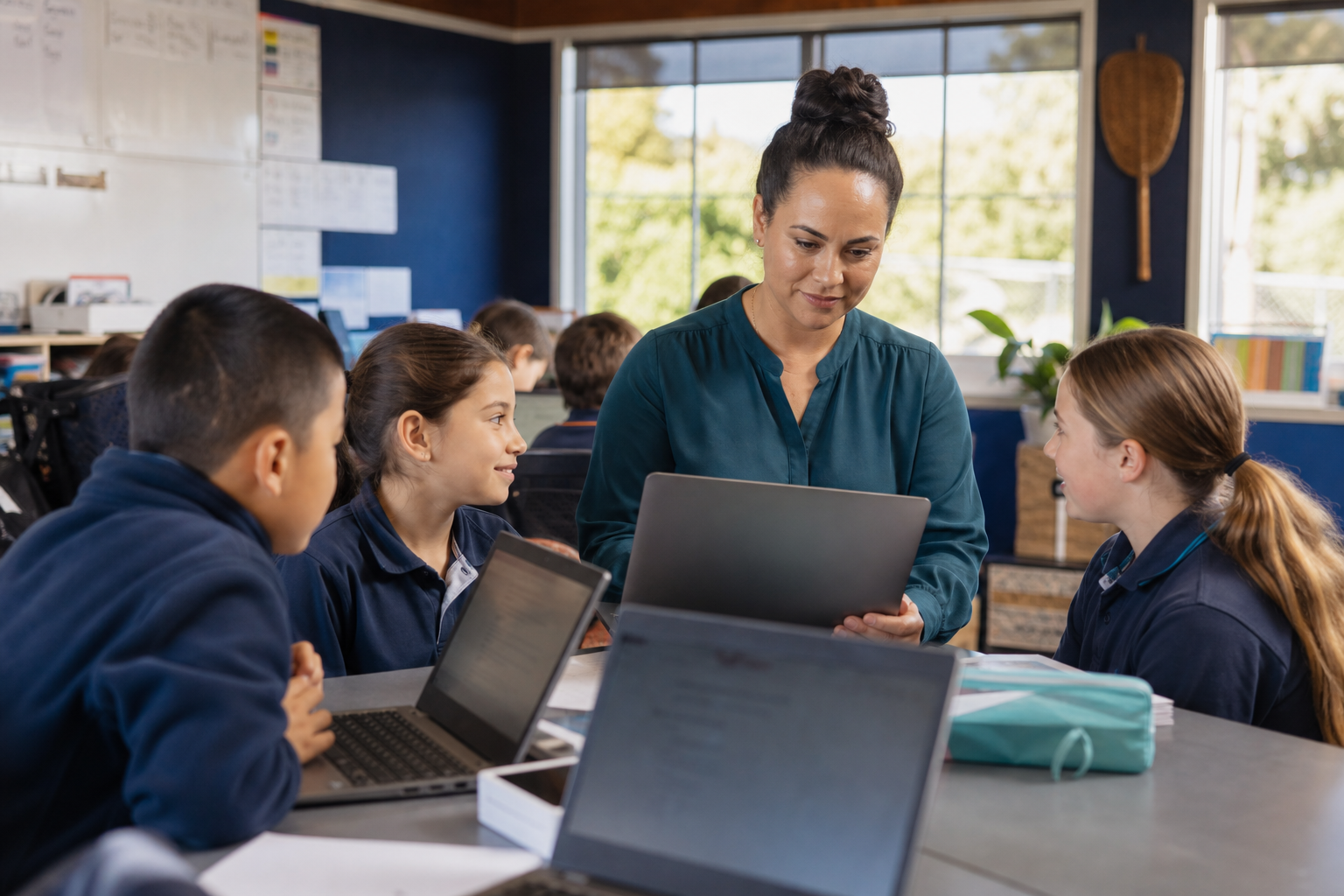 Teacher guiding students with laptops while reviewing AI-assisted classroom use in a New Zealand school