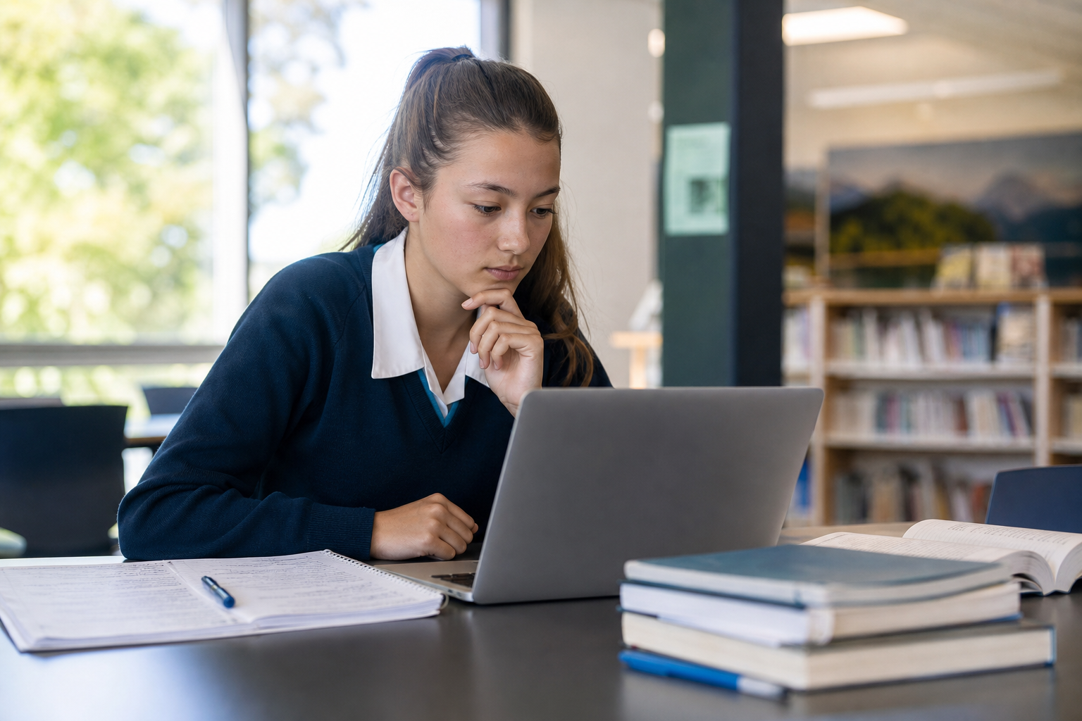 Secondary school student verifying AI-assisted schoolwork on a laptop in a New Zealand learning space