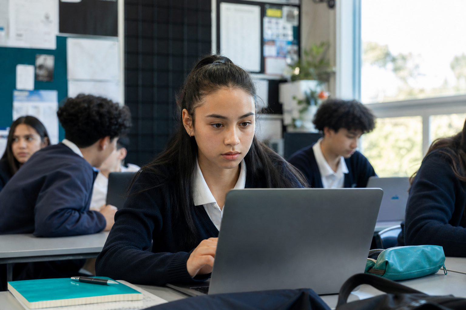 Secondary school student checking privacy settings and suspicious messages on a laptop in class