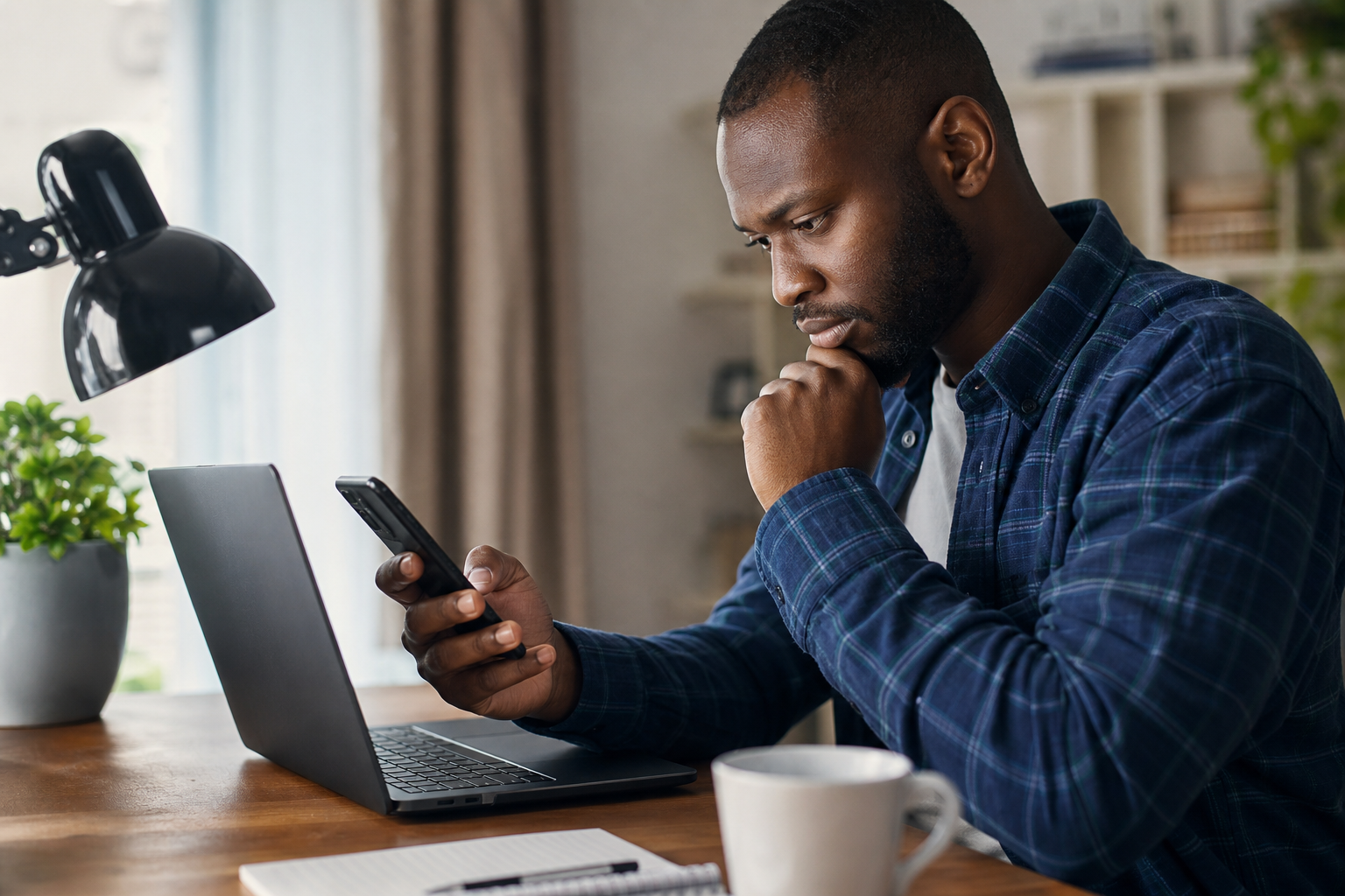 Person closely examining a suspicious password reset email on a smartphone and laptop