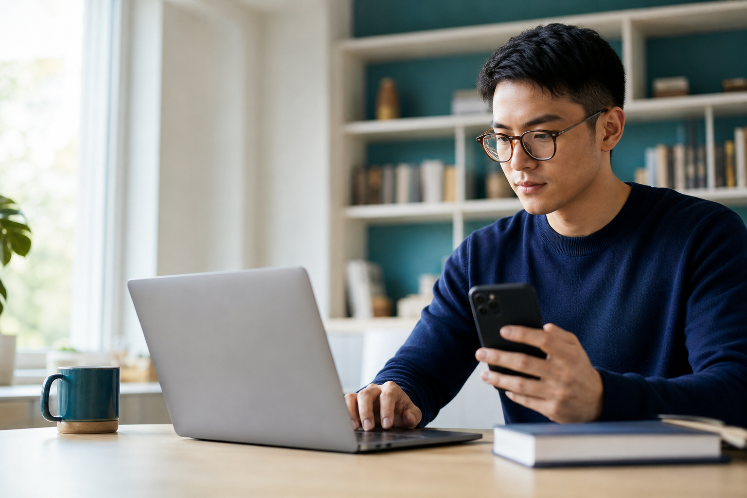 Laptop and phone on a desk while stronger passphrases and multi-factor authentication are being set up