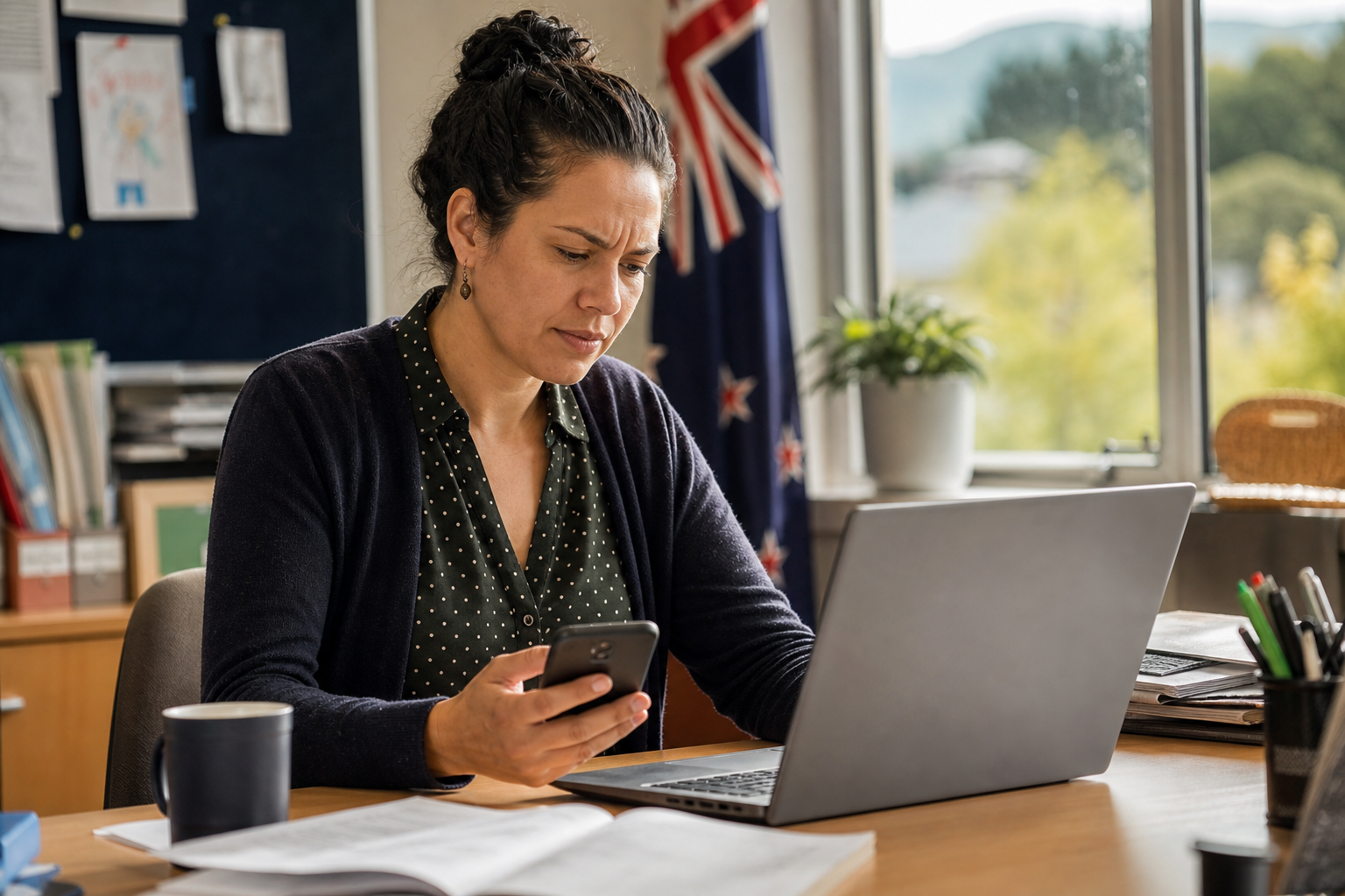 School staff member carefully examining a suspicious email on a laptop and phone