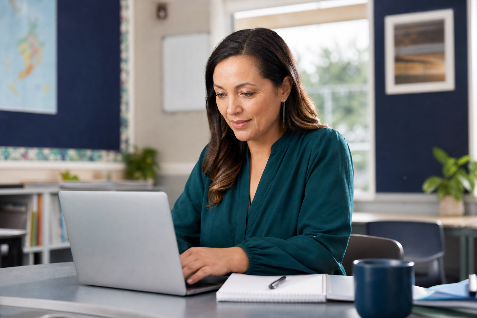Educator reviewing privacy settings and data-sharing choices on a laptop with a checklist nearby