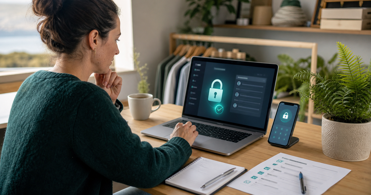 New Zealand small-business owner at a tidy desk reviewing account security and a phishing checklist on a laptop, with a phone showing two-factor authentication