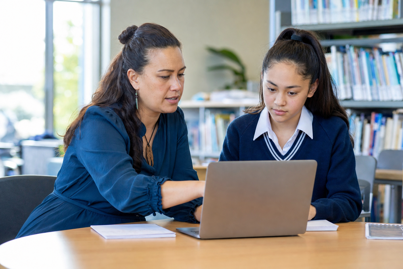 Educator and student discussing responsible AI use together at a laptop in a New Zealand school setting